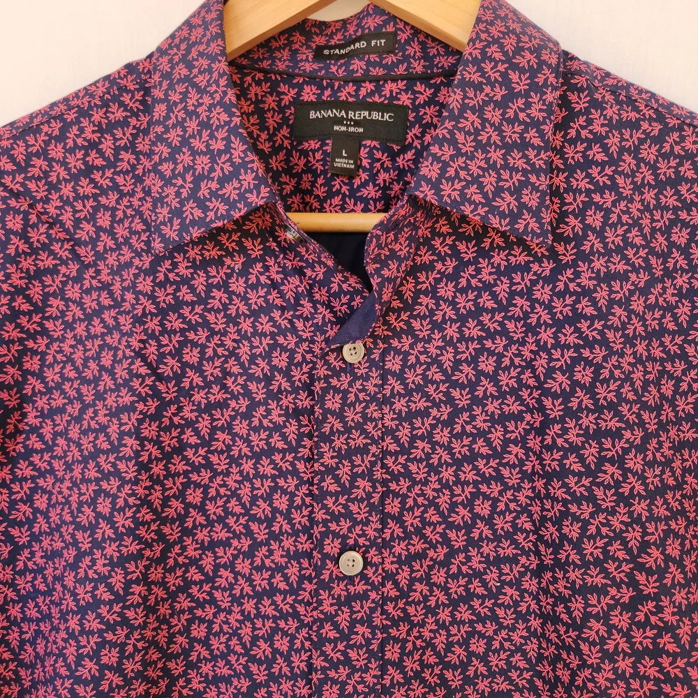 Banana Republic Navy Blue Pink Floral Non Iron Long Sleeve Dress Botton Up L Y2K
